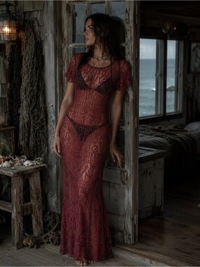 Beet Red Lace Maxi Dress Mermaidcore Fairycore Boho Festival Cottagecore Sheer M